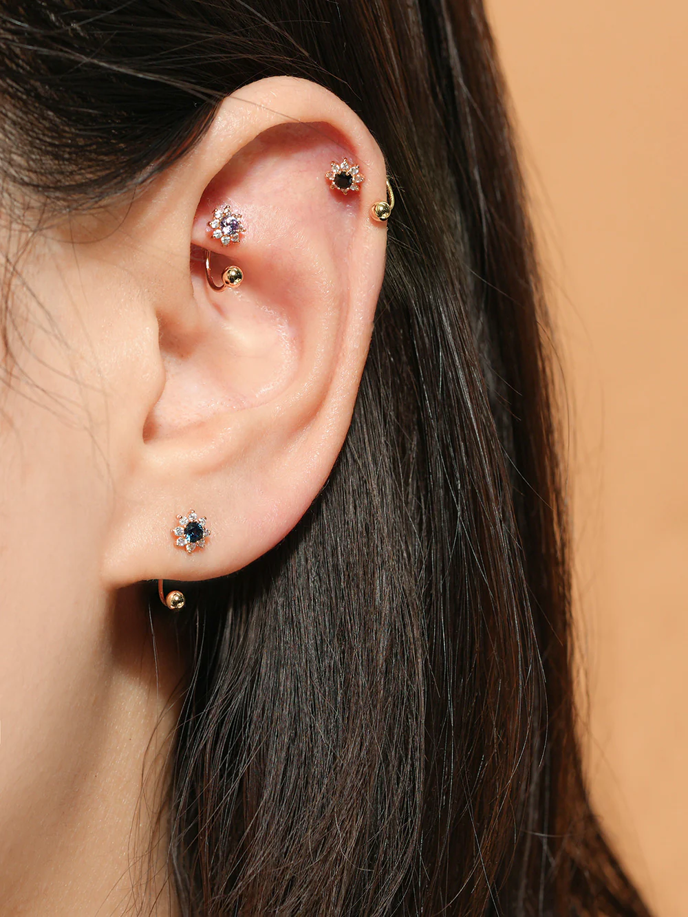 14K Gold Mini Sun Flower Curve Piercing 20G - Image 5
