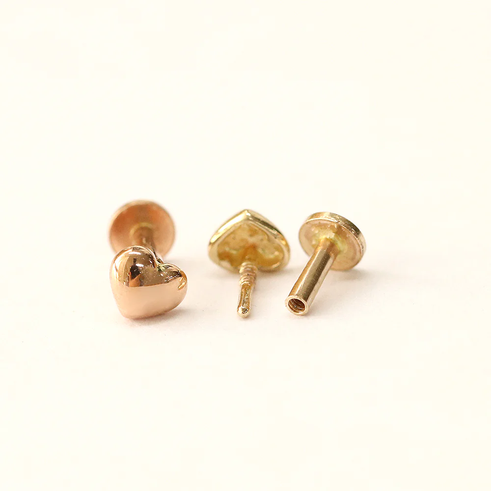 14K Gold Minimi Bean Heart Internally Threaded Labret Piercing 18G16G - Image 11