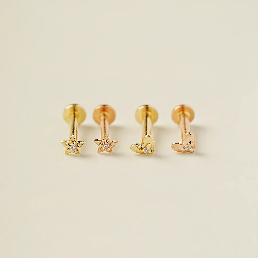 14K Gold Minimi Cubic Star and Heart Internally Threaded Labret Piercing 18G16G - Image 5