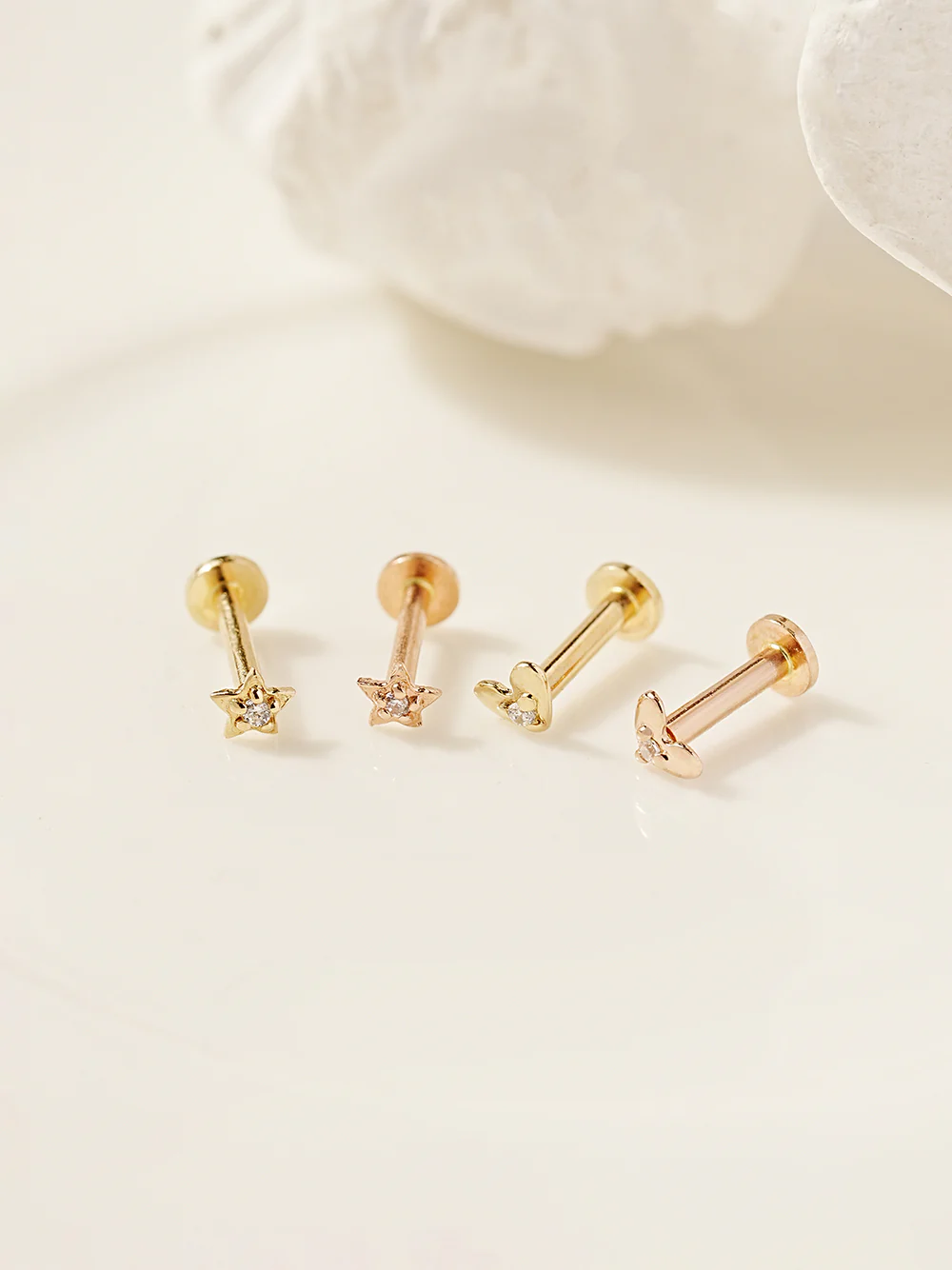 14K Gold Minimi Cubic Star and Heart Internally Threaded Labret Piercing 18G16G - Image 6