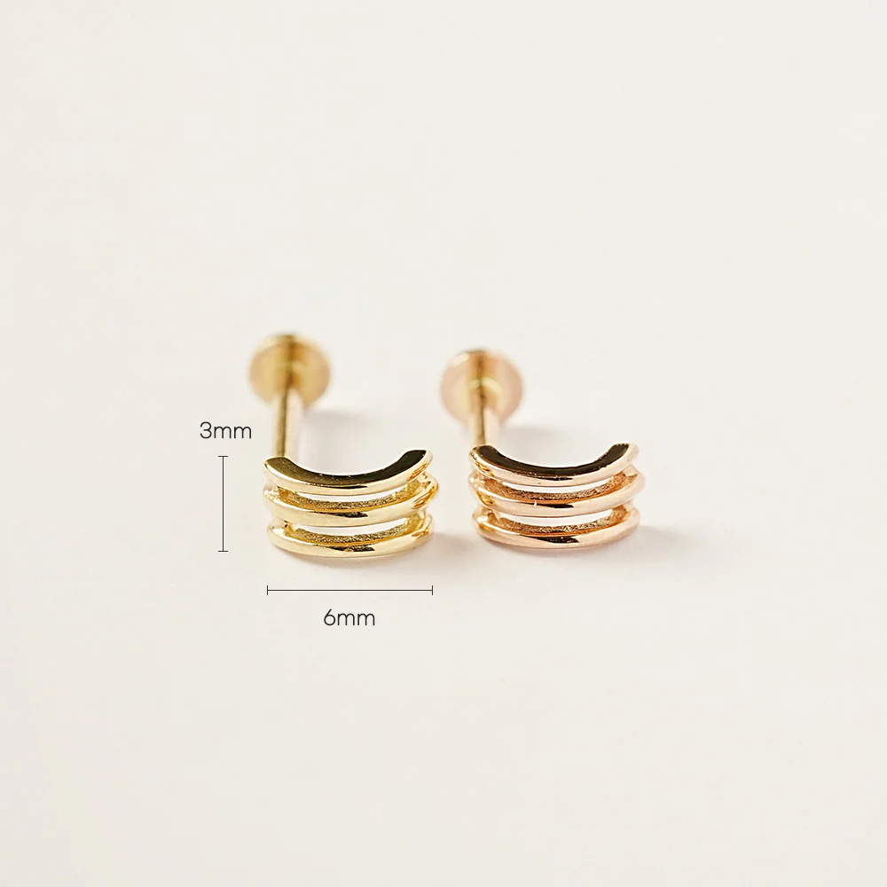 14K Gold Minimi Triple Line Ring Internally Threaded Labret Piercing 18G16G - Image 15
