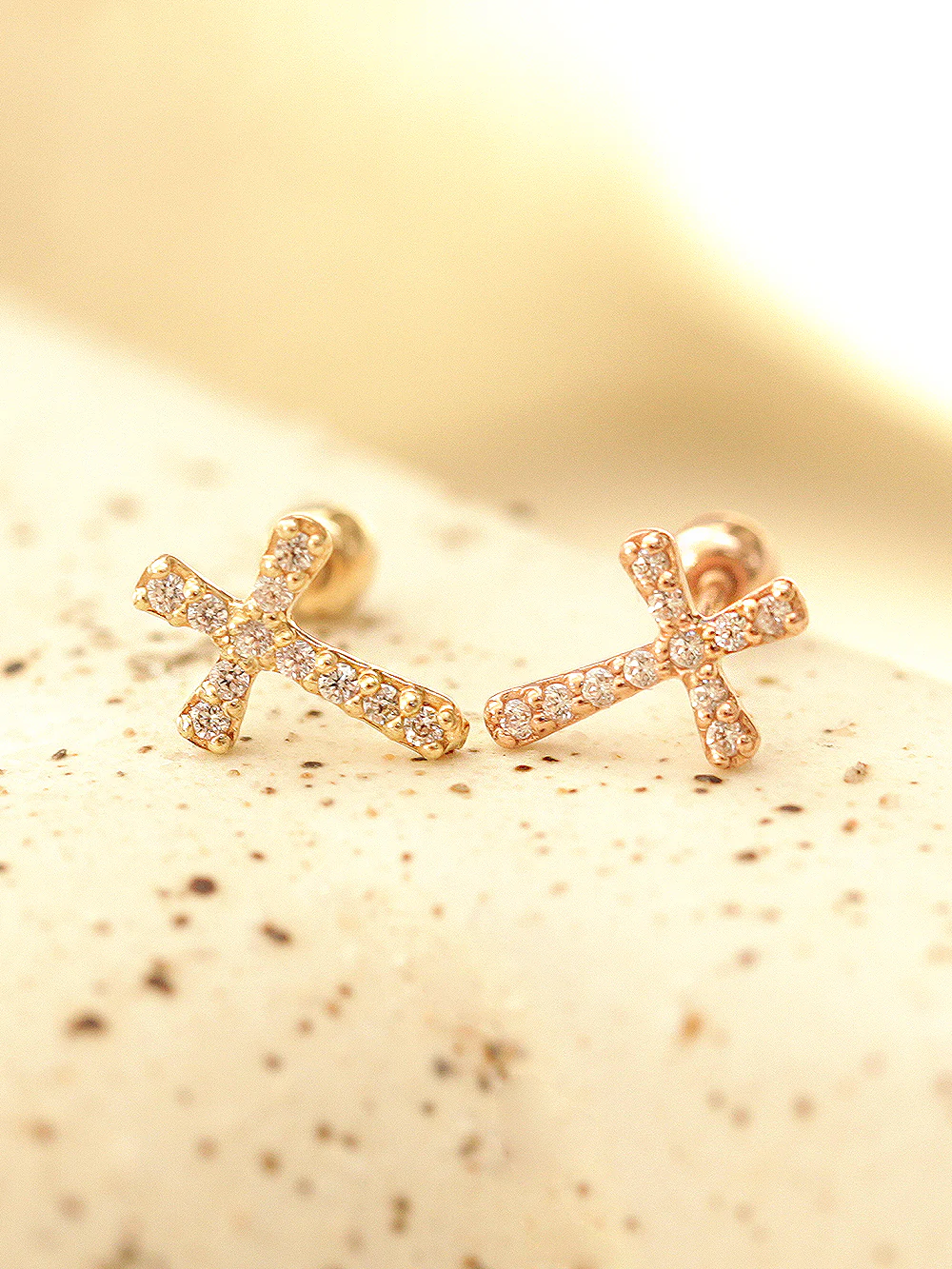 14K Gold Modern Cubic Cross Cartilage Earring 20G18G16G - Image 2