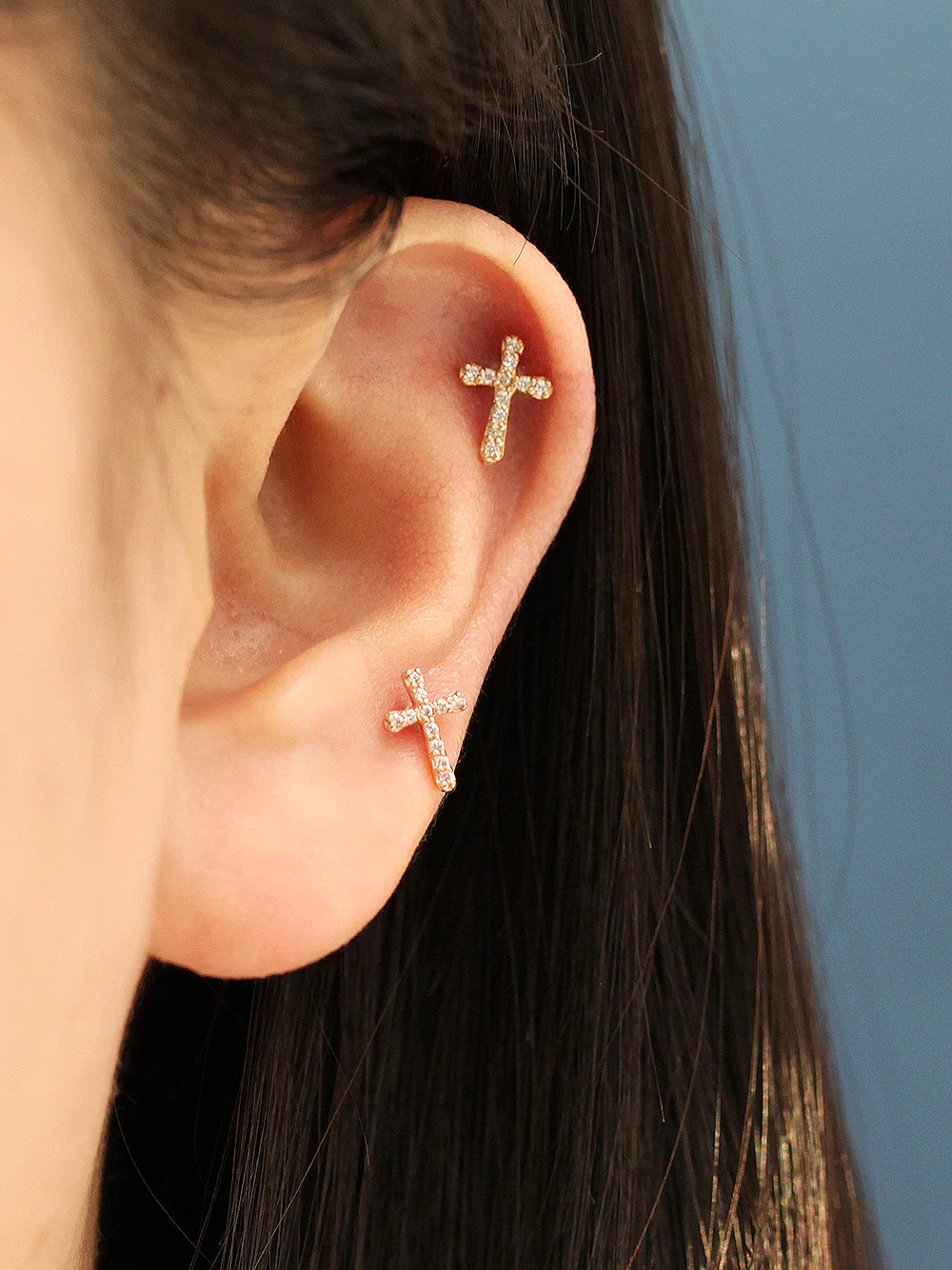 14K Gold Modern Cubic Cross Cartilage Earring 20G18G16G - Image 6