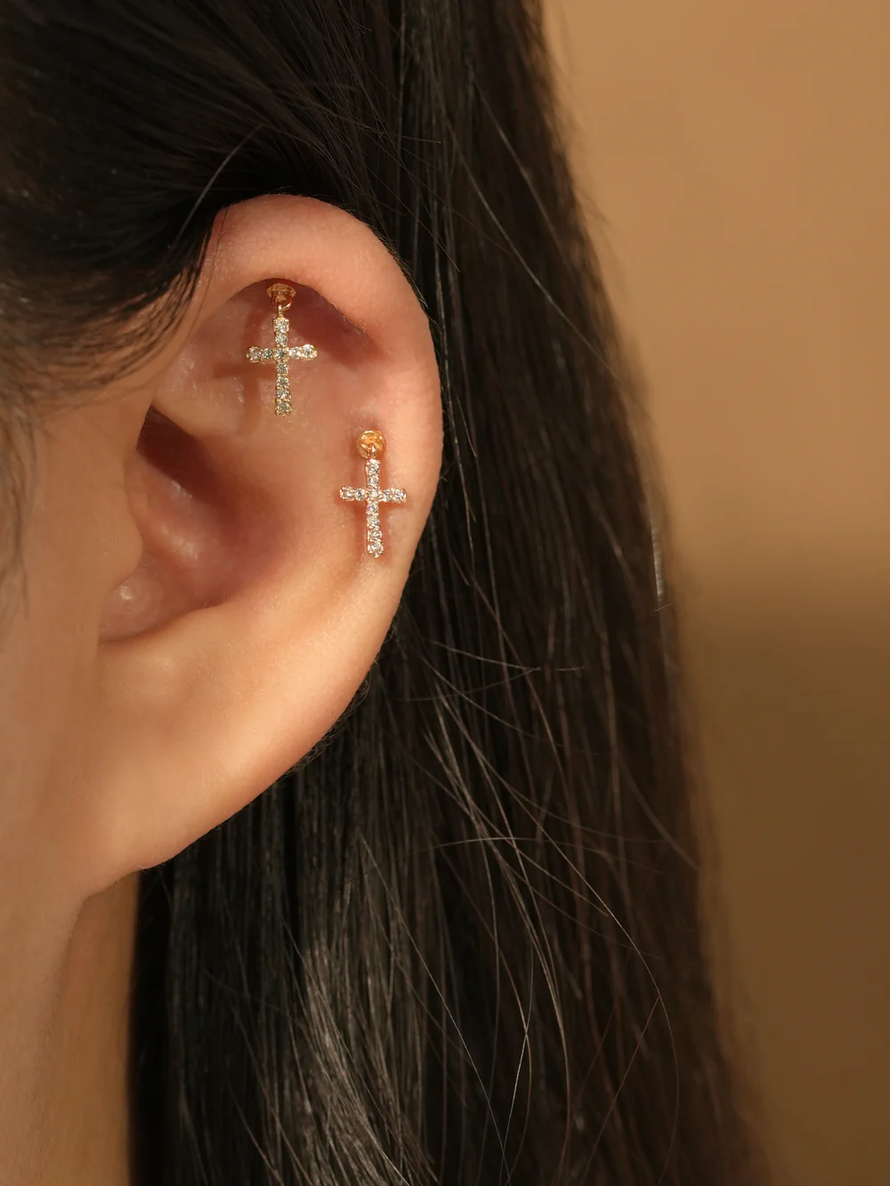 14K Gold Modern Cubic Cross Drop Internally Threaded Labret Piercing 20G18G16G - Image 4