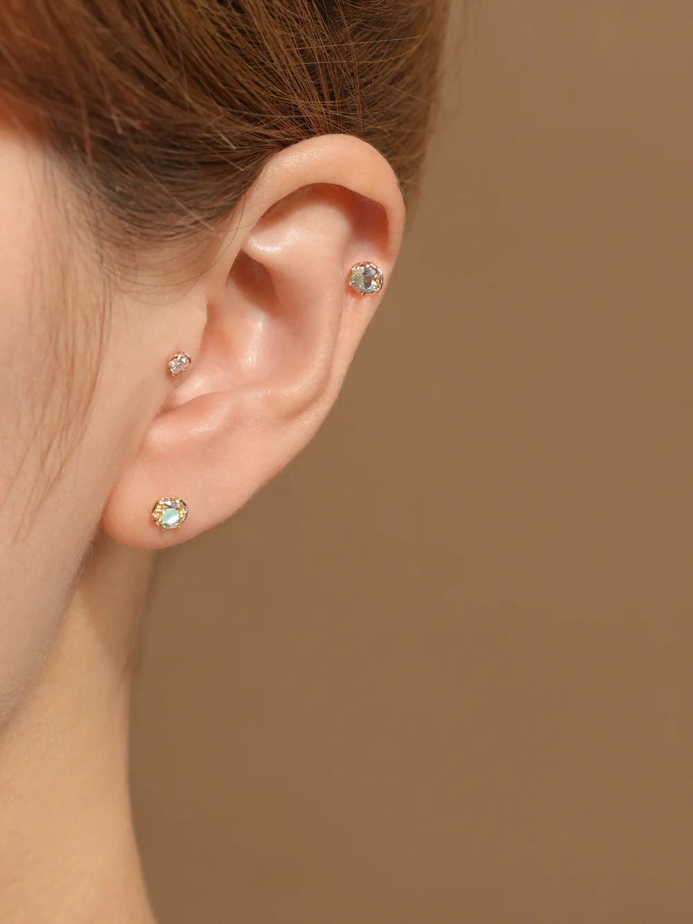 14K Gold Moissanite Aurora Internally Threaded Labret Piercing 18G16G - Image 2
