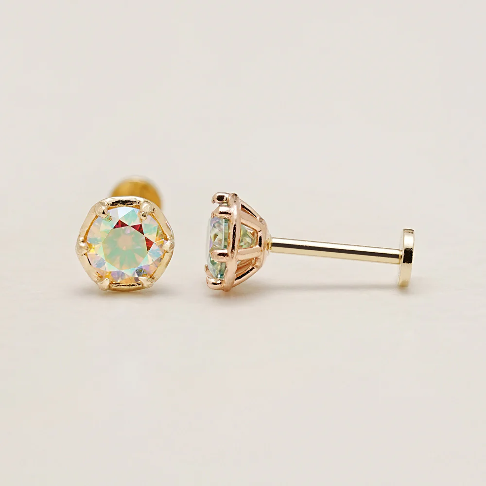 14K Gold Moissanite Aurora Internally Threaded Labret Piercing 20G - Image 15