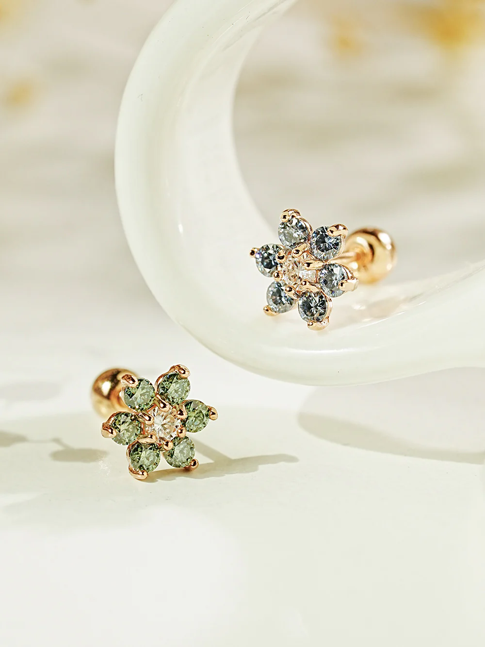 14K Gold Moissanite Colored Lovely Flower Cartilage Earring 20G18G16G - Image 3