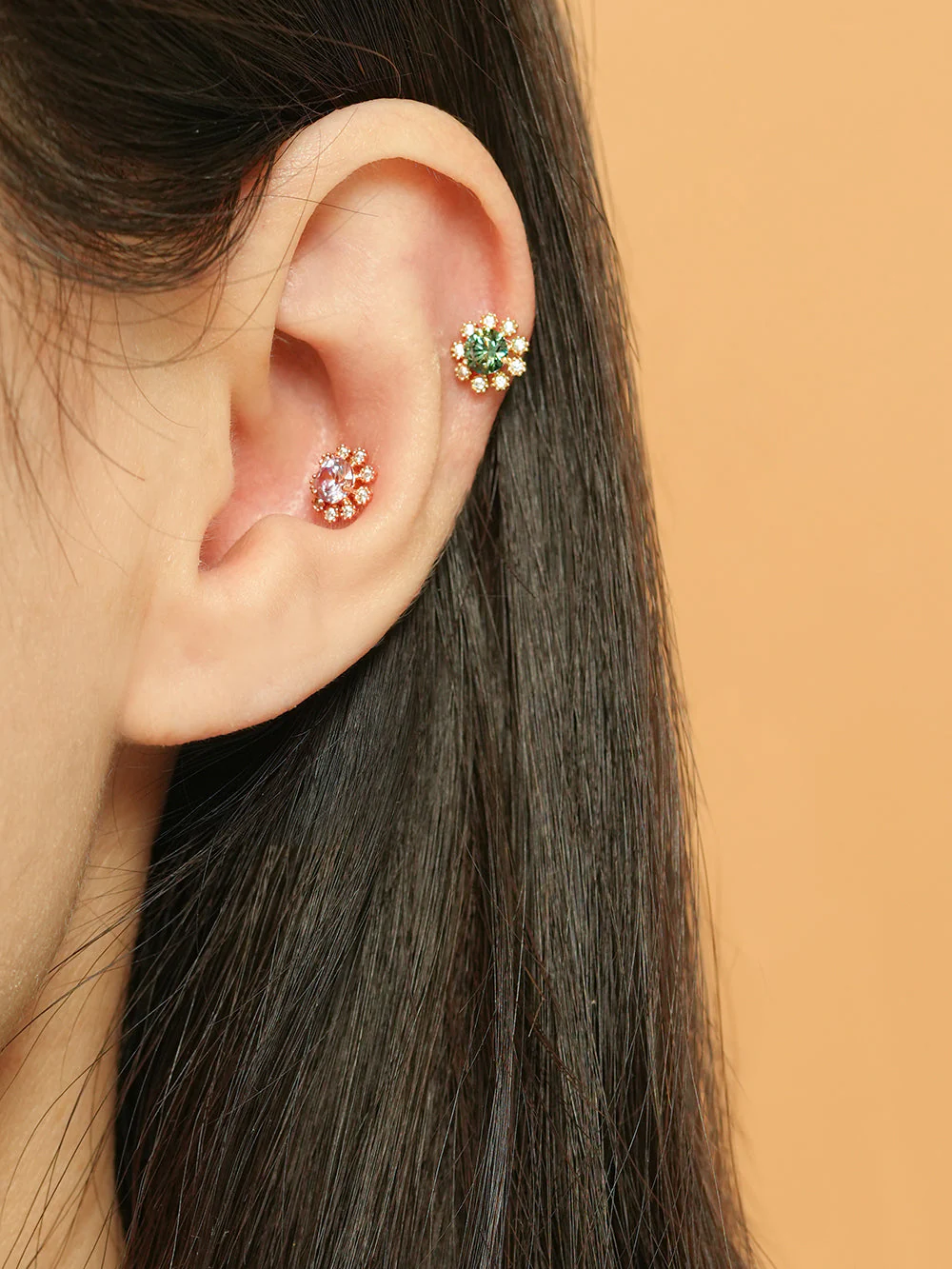14K Gold Moissanite Colorful Daisy Cartilage Earring 20G18G16G - Image 3