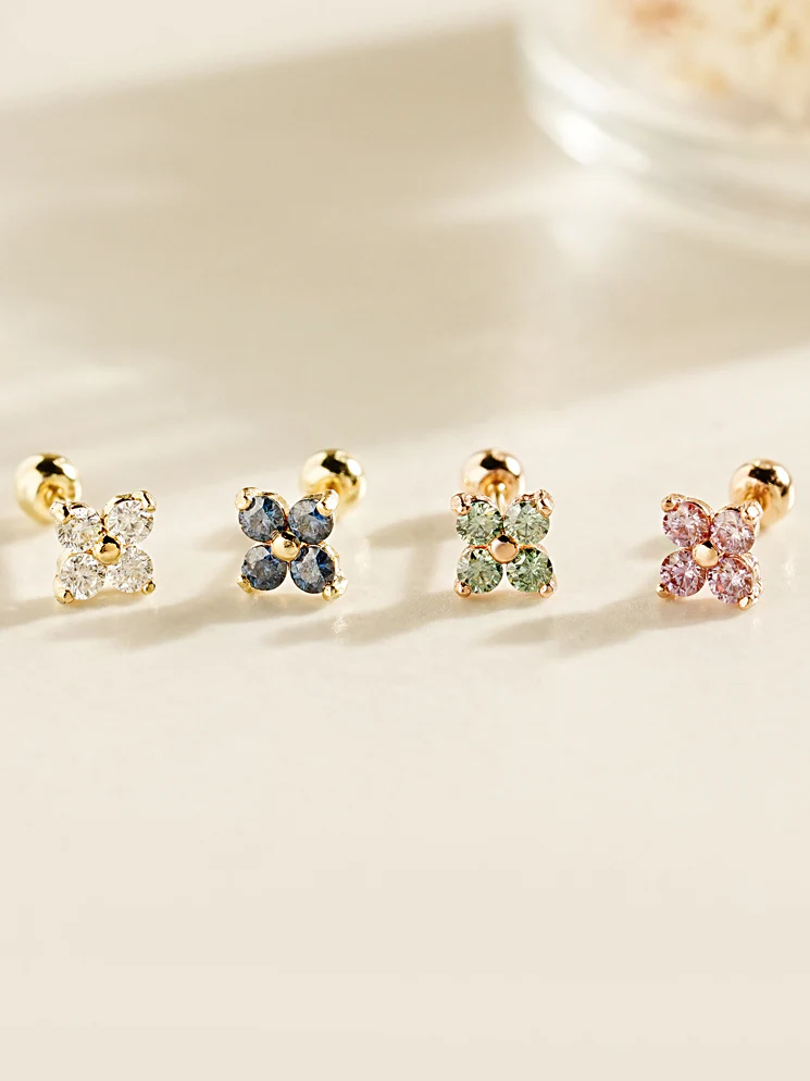 14K Gold Moissanite Dia Clover Cartilage Earring 20G18G16G