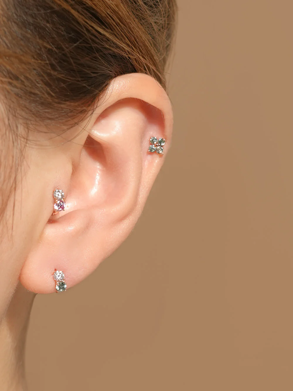 14K Gold Moissanite Dia Clover Cartilage Earring 20G18G16G - Image 2