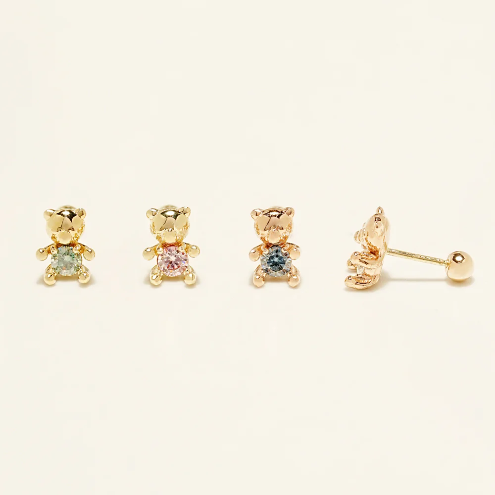 14K Gold Moissanite Dia Cute Bear Cartilage Earring 20G18G16G - Image 15