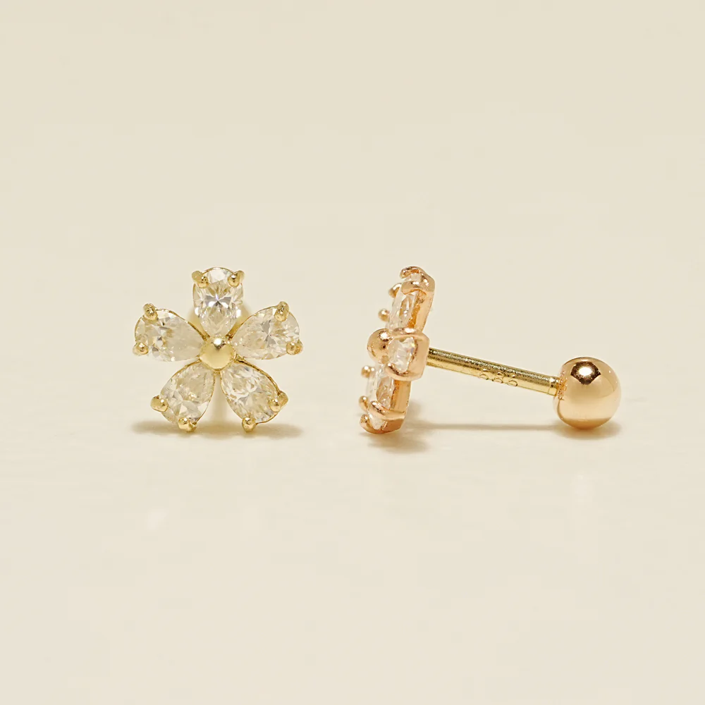 14K Gold Moissanite Dia Dreaming Flower Cartilage Earring 20G18G16G - Image 11