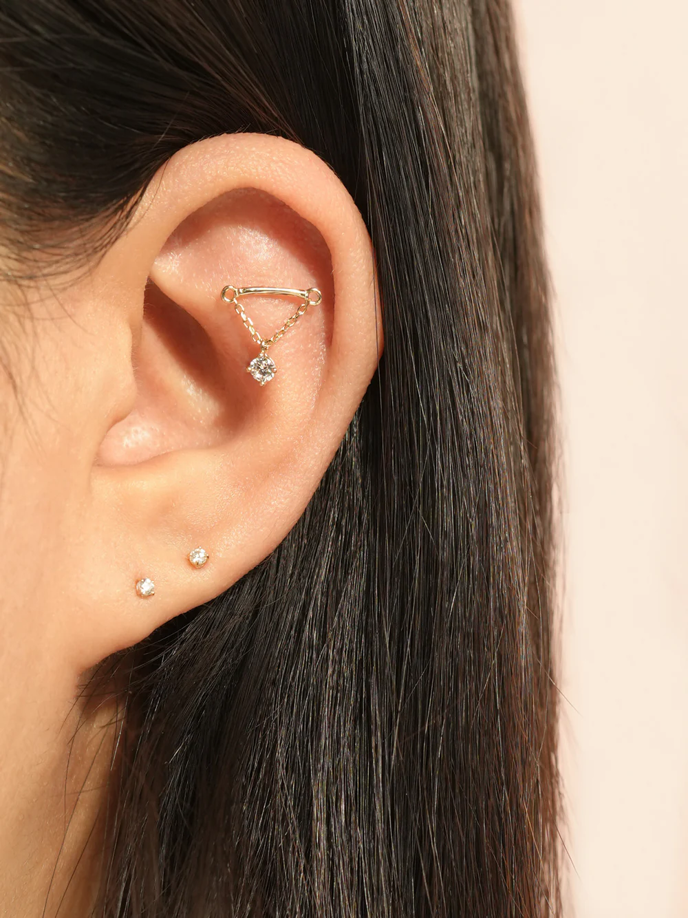 14K Gold Moissanite Dia Hidden Helix Drop Cubic Earring 20G18G16G - Image 4