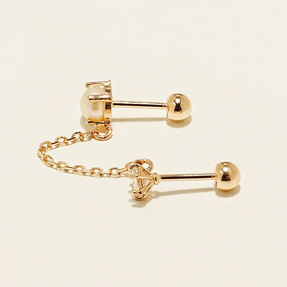 14K Gold Moissanite Dia Pearl Layered Cartilage Earring 20G18G16G - Image 12