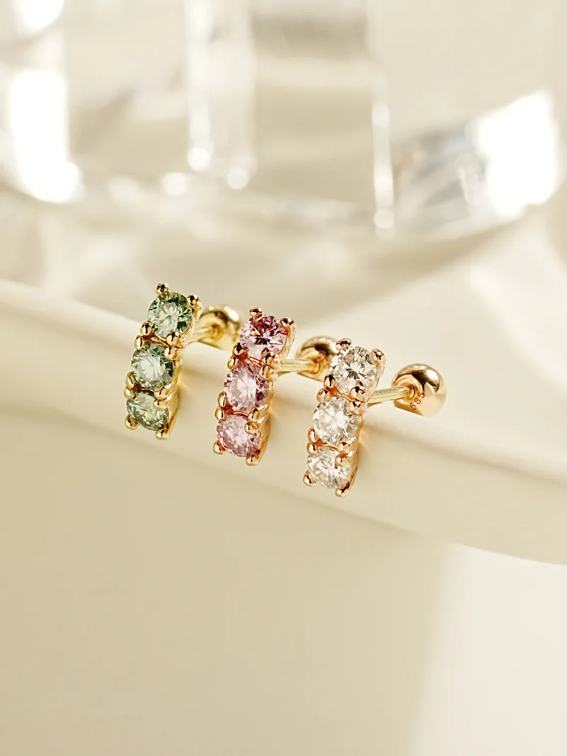 14K Gold Moissanite Dia Triple Color Curve Cartilage Earring 20G18G16G