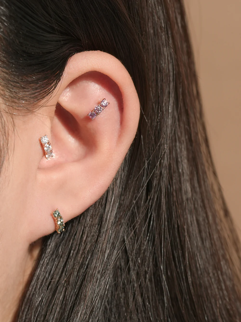 14K Gold Moissanite Dia Triple Color Curve Cartilage Earring 20G18G16G - Image 10