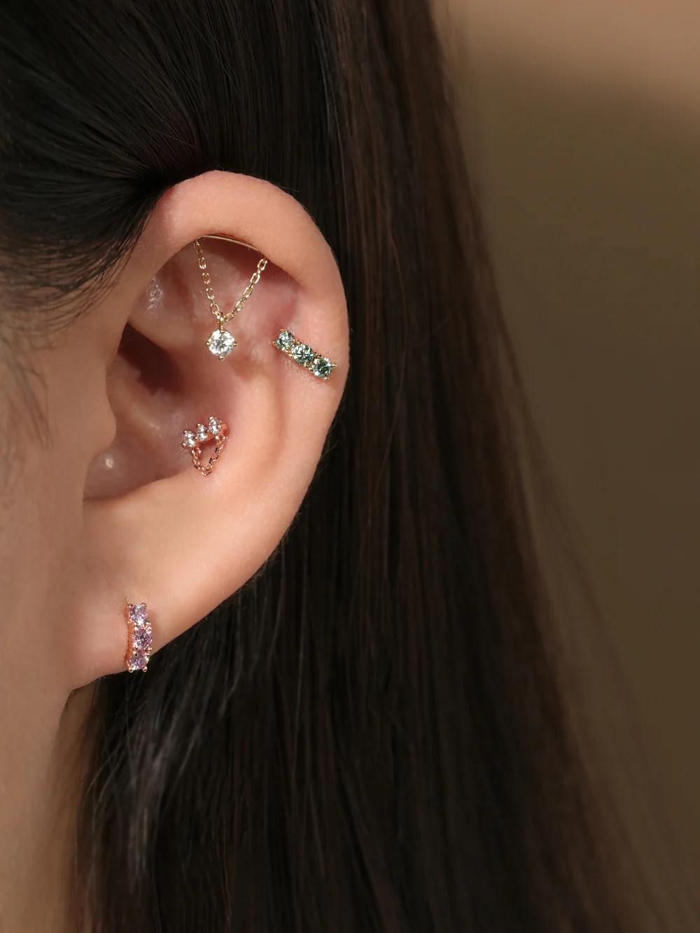14K Gold Moissanite Dia Triple Color Curve Cartilage Earring 20G18G16G - Image 11