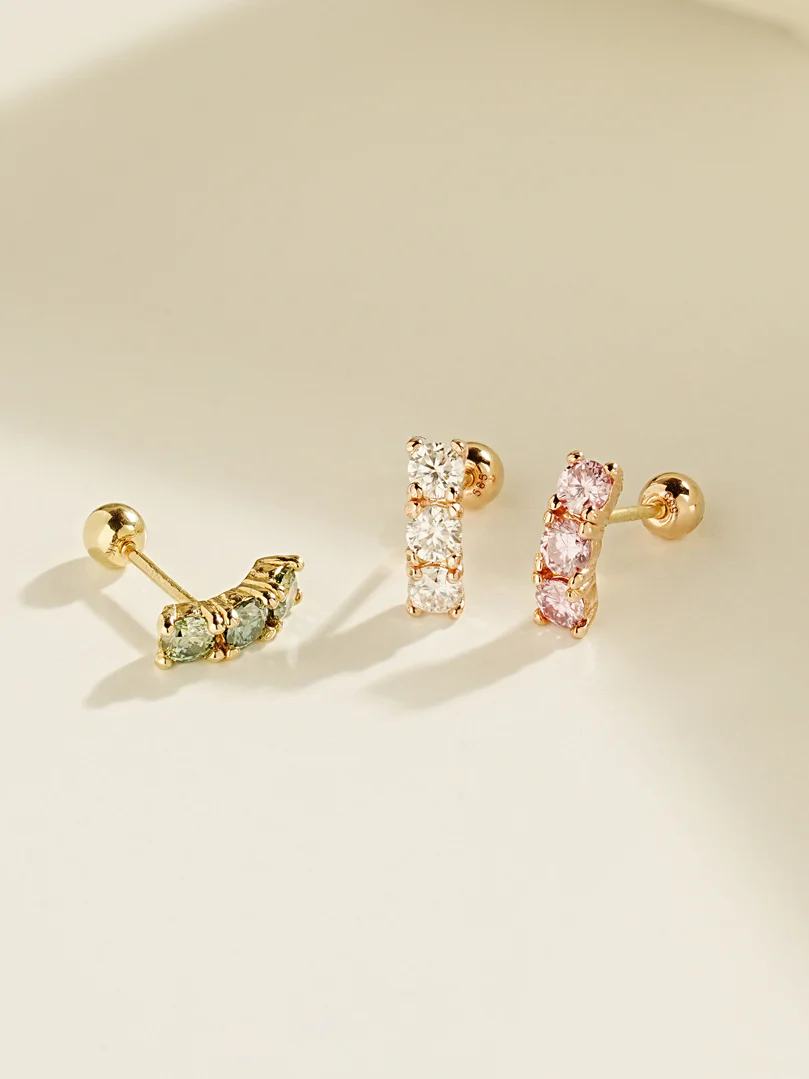 14K Gold Moissanite Dia Triple Color Curve Cartilage Earring 20G18G16G - Image 3