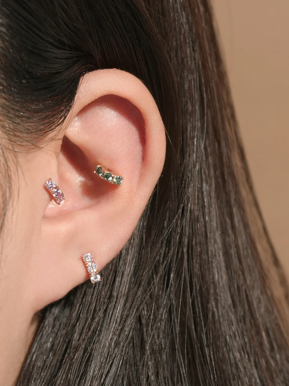 14K Gold Moissanite Dia Triple Color Curve Cartilage Earring 20G18G16G - Image 8