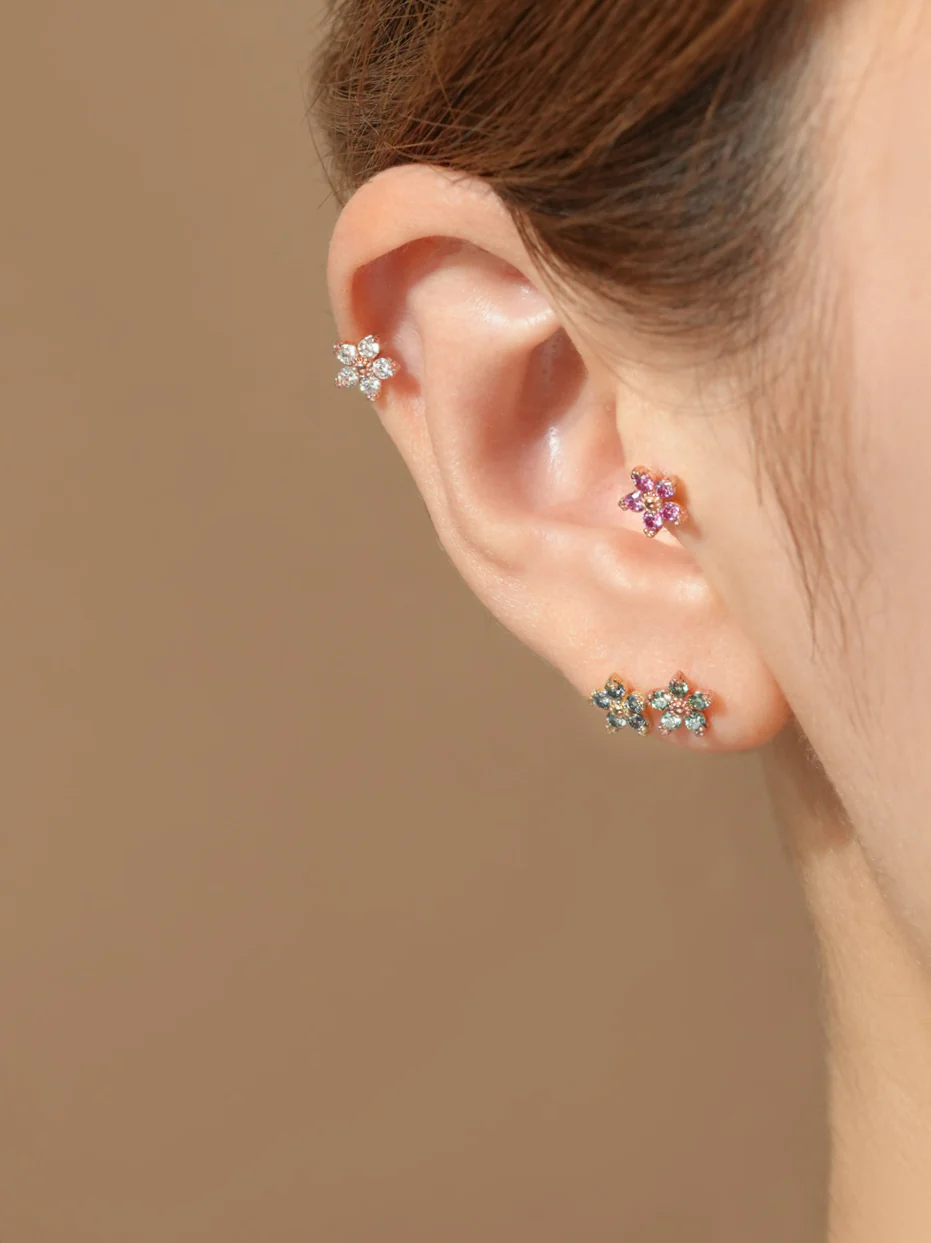 14K Gold Moissanite Dia Verbena Flower Cartilage Earring 20G18G16G - Image 16