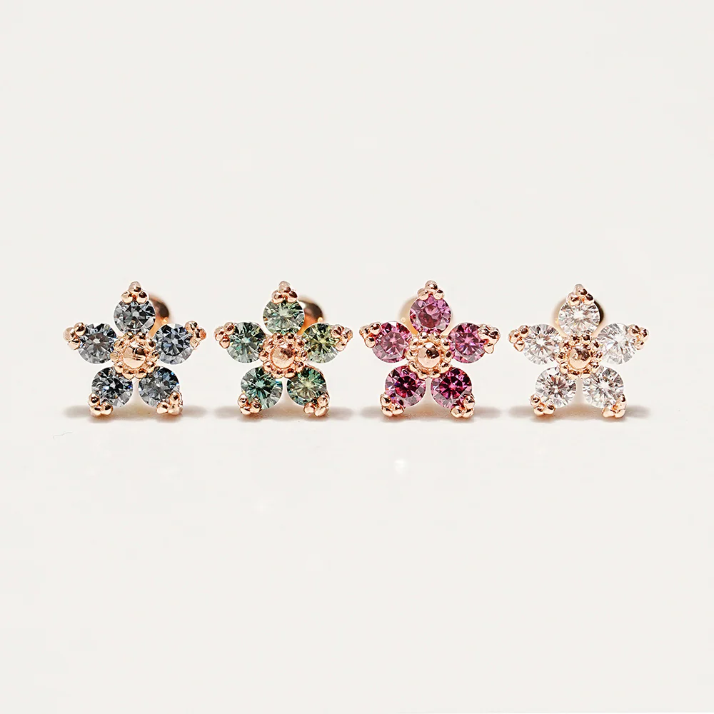 14K Gold Moissanite Dia Verbena Flower Cartilage Earring 20G18G16G - Image 22