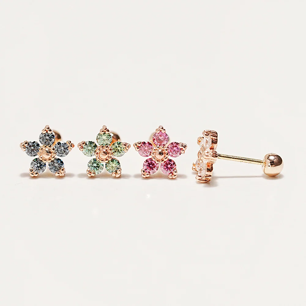 14K Gold Moissanite Dia Verbena Flower Cartilage Earring 20G18G16G - Image 23