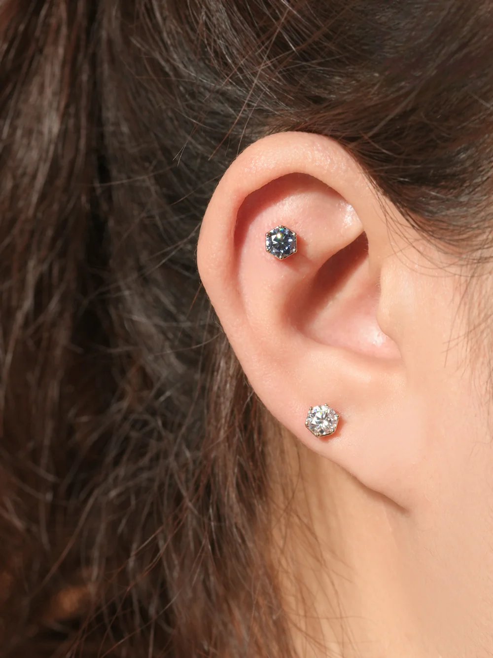 14K Gold Moissanite Dia Wendy Hexagon Cartilage Earring 20G18G16G - Image 2