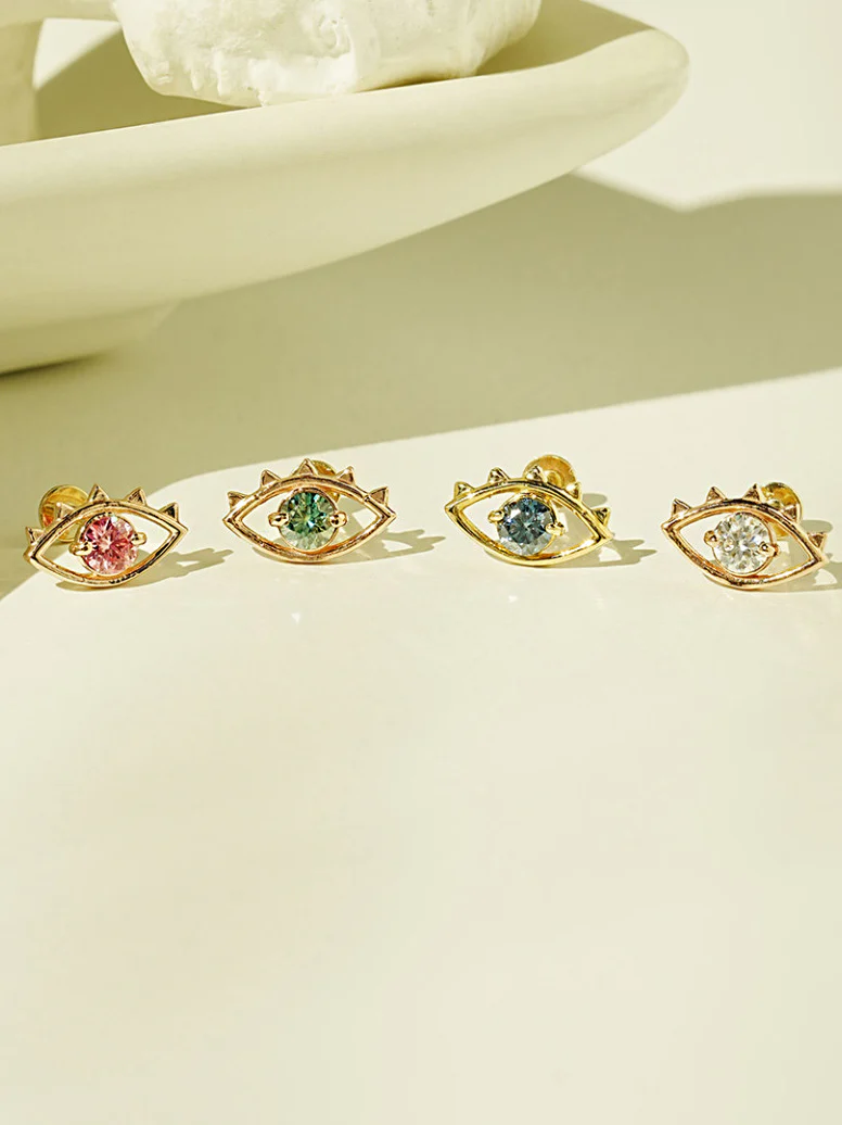 14K Gold Moissanite Evil Eye Internally Threaded Labret Piercing 20G