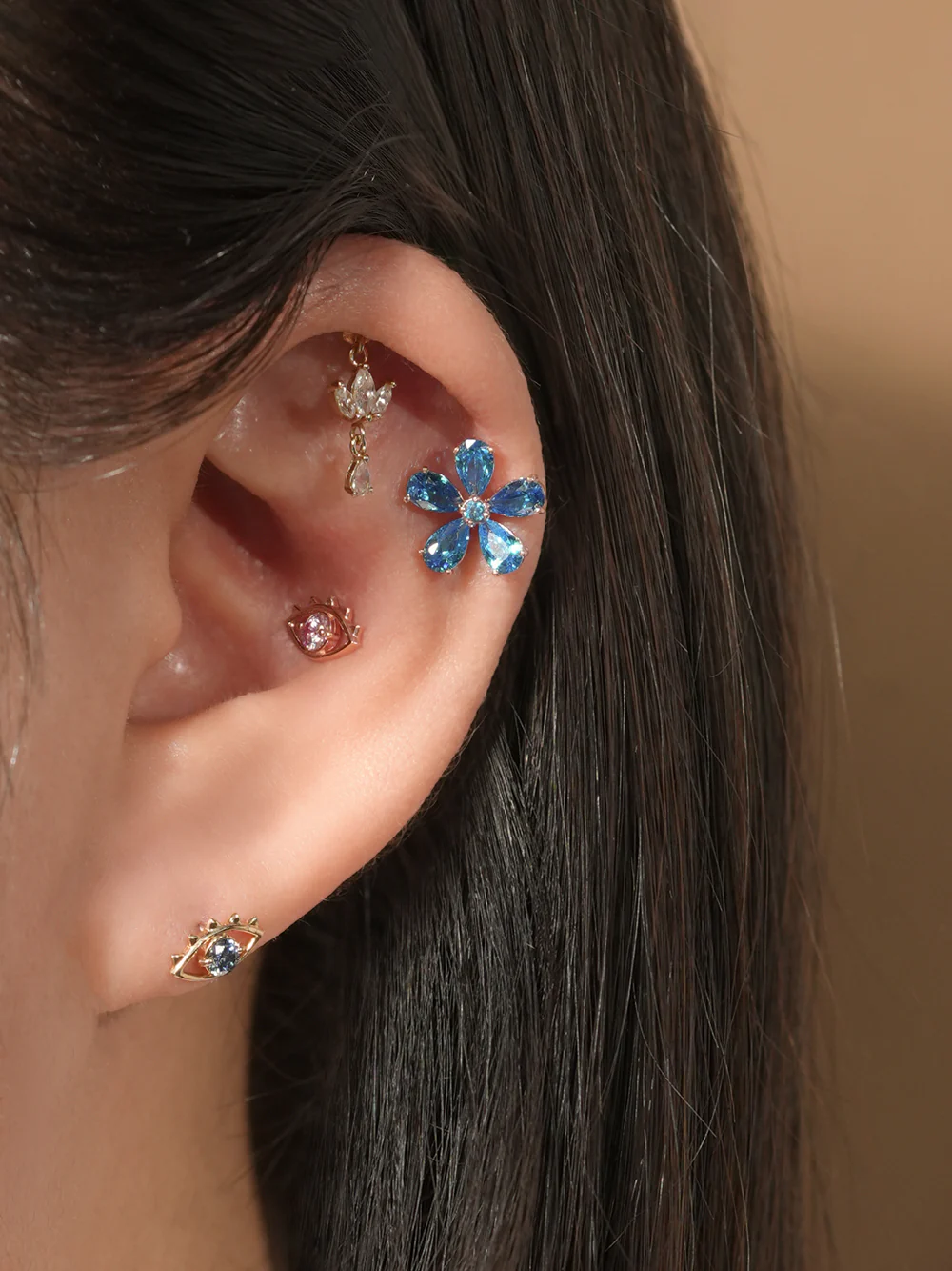 14K Gold Moissanite Evil Eye Internally Threaded Labret Piercing 20G - Image 10