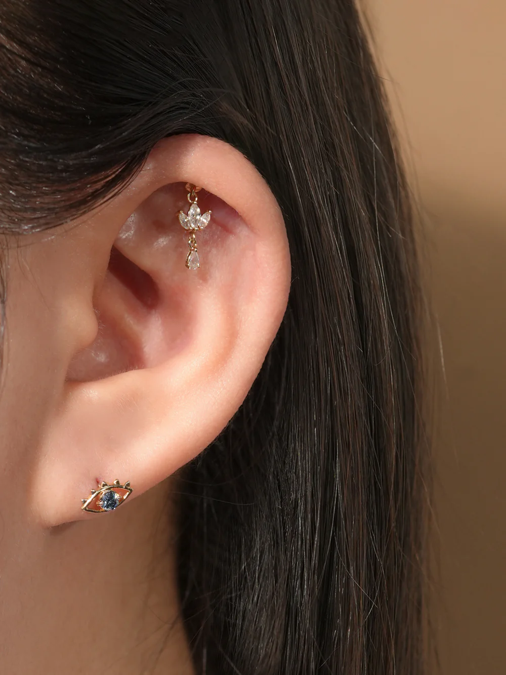 14K Gold Moissanite Evil Eye Internally Threaded Labret Piercing 20G - Image 4
