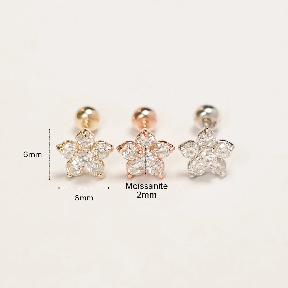 14K Gold Moissanite Flower Cartilage Earring 20G18G16G - Image 16