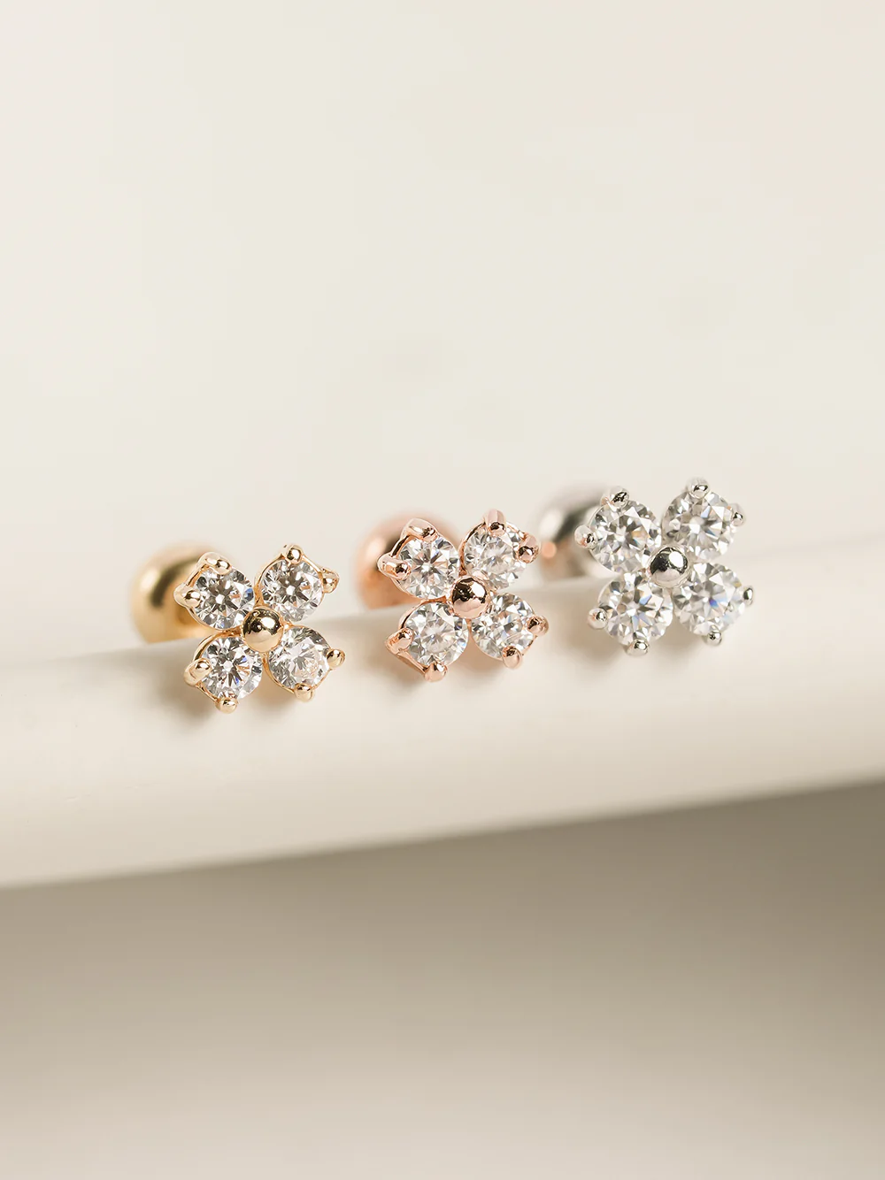 14K Gold Moissanite Four Petals Flower Cartilage Earring 20G18G16G - Image 7