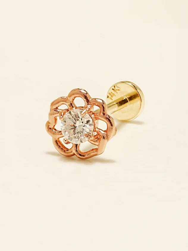 14K Gold Moissanite Pansy Flower Internally Threaded Labret Piercing 20G18G16 - Image 3
