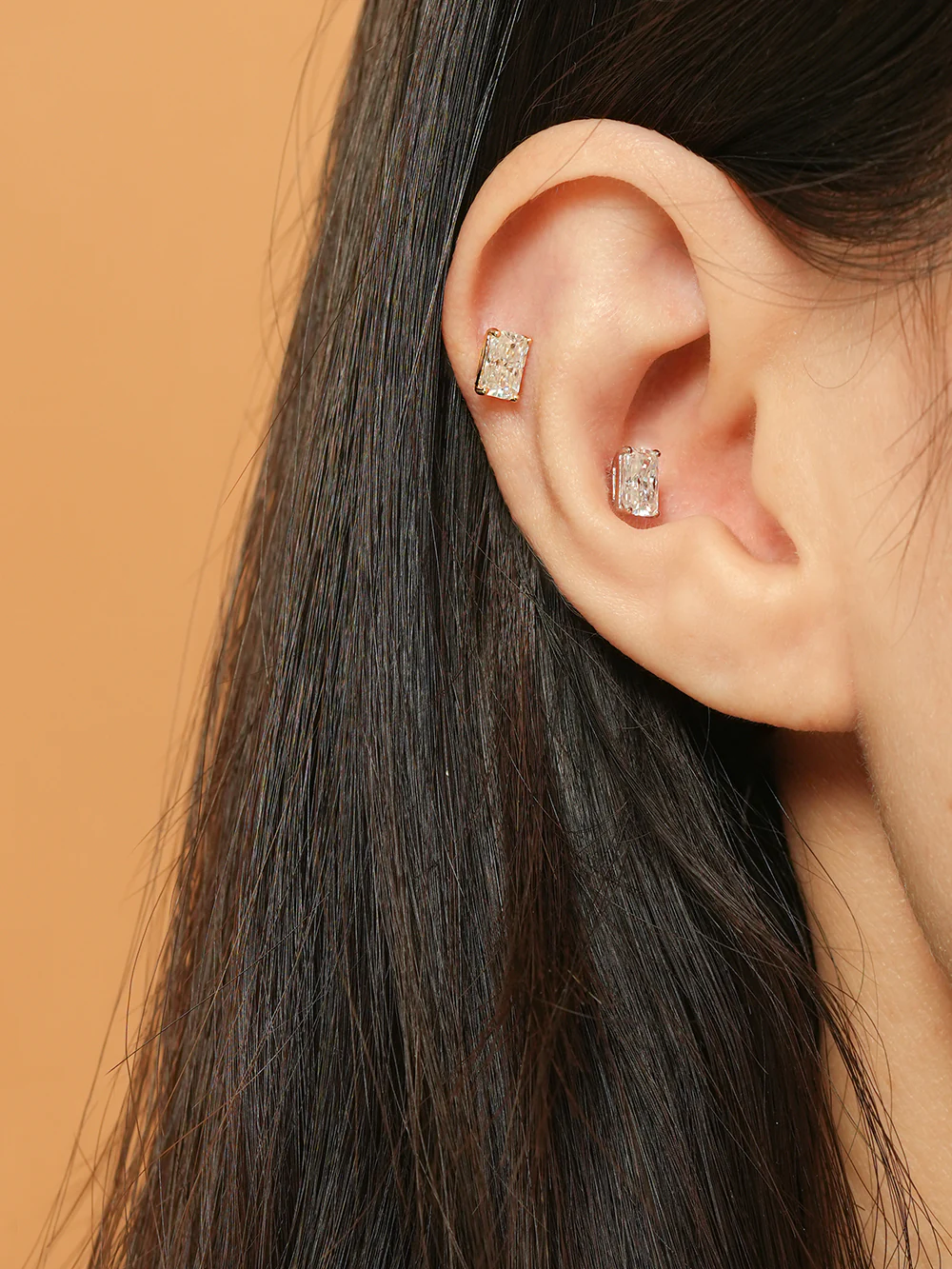 14K Gold Moissanite Radient Cut Cartilage Earring 20G18G16G - Image 4