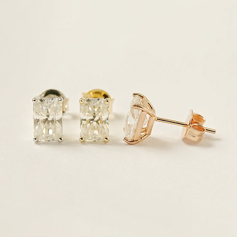 14K Gold Moissanite Radient Cut Stud Earring - Image 10
