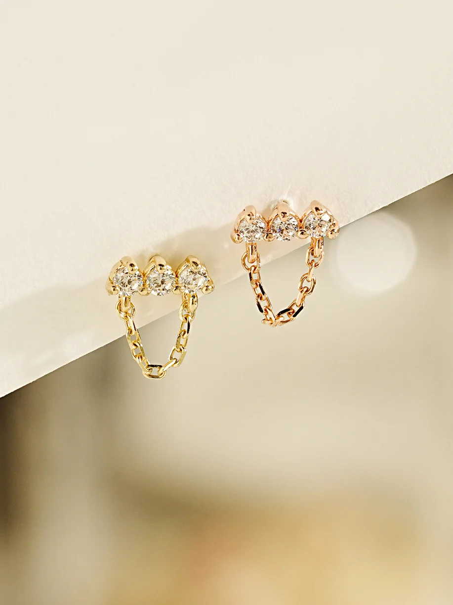 14K Gold Moissanite Square Chain Drop Cartilage Earring 20G18G16G - Image 3