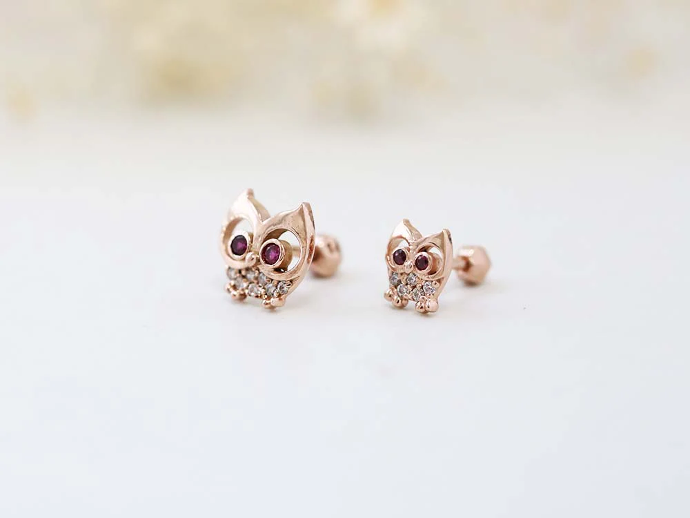 14K Gold Mom & Baby Owl Cartilage Earring 18G16G - Image 3