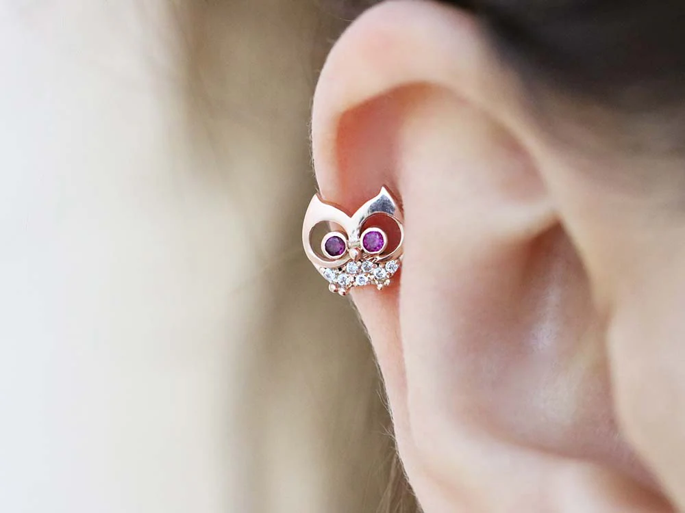 14K Gold Mom & Baby Owl Cartilage Earring 18G16G - Image 7