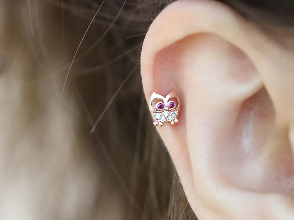 14K Gold Mom & Baby Owl Cartilage Earring 18G16G - Image 8