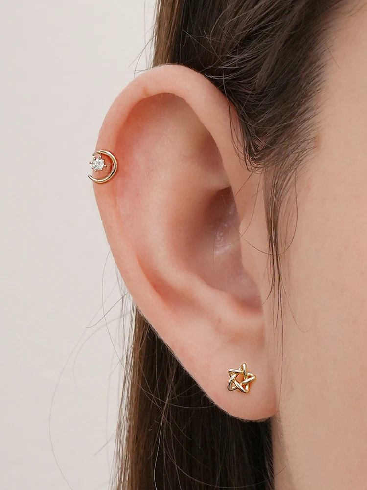 14K Gold Moon Light Star Cartilage Earring 18G16G - Image 4