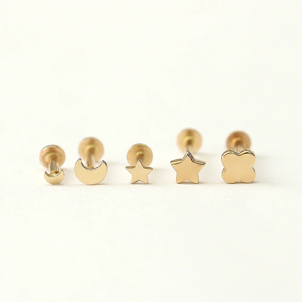 14K Gold Moon&Star&Clover Internally Threaded Labret Piercing 18G16G - Image 10
