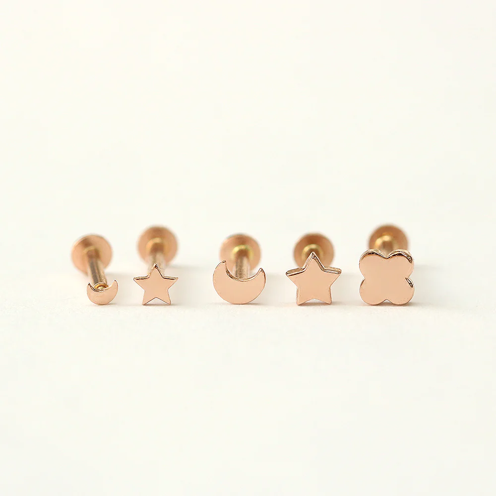 14K Gold Moon&Star&Clover Internally Threaded Labret Piercing 18G16G - Image 11