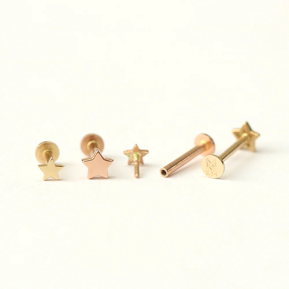 14K Gold Moon&Star&Clover Internally Threaded Labret Piercing 18G16G - Image 12