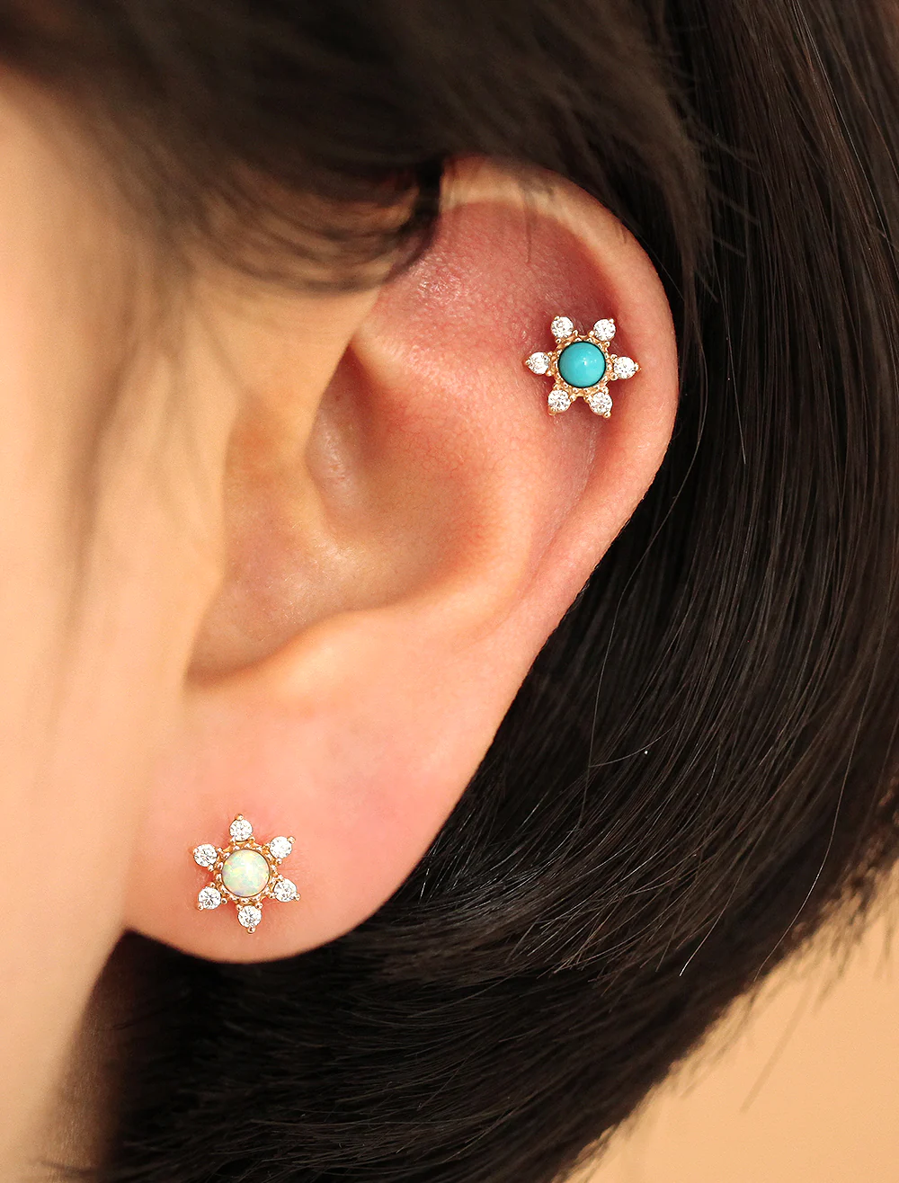 14K Gold Opal & Turquoise Cubic Cartilage Earring 18G16G - Image 2