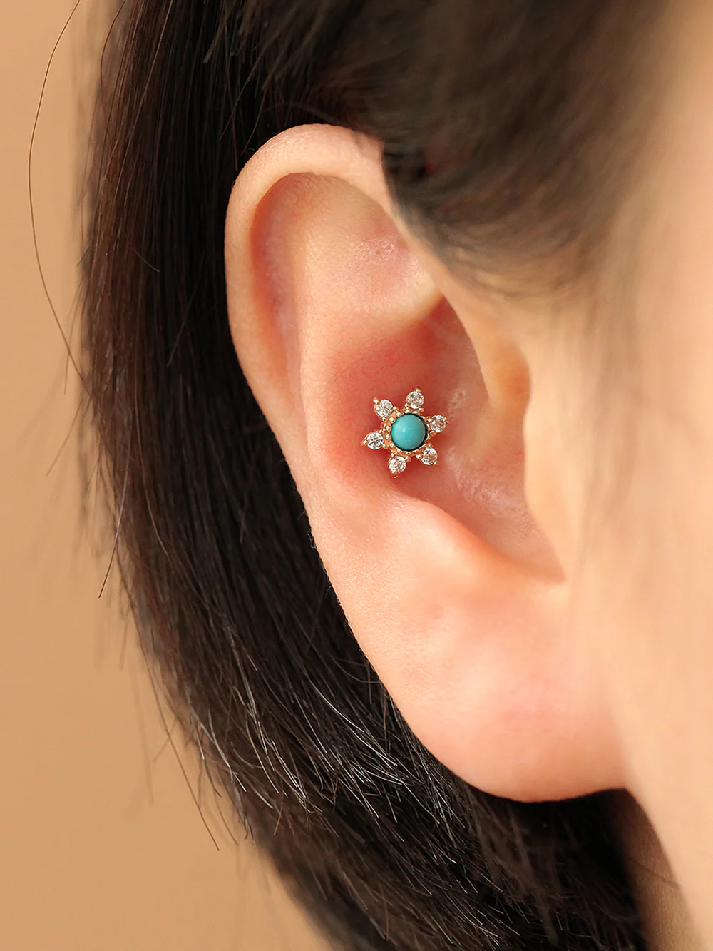 14K Gold Opal & Turquoise Cubic Cartilage Earring 18G16G - Image 4