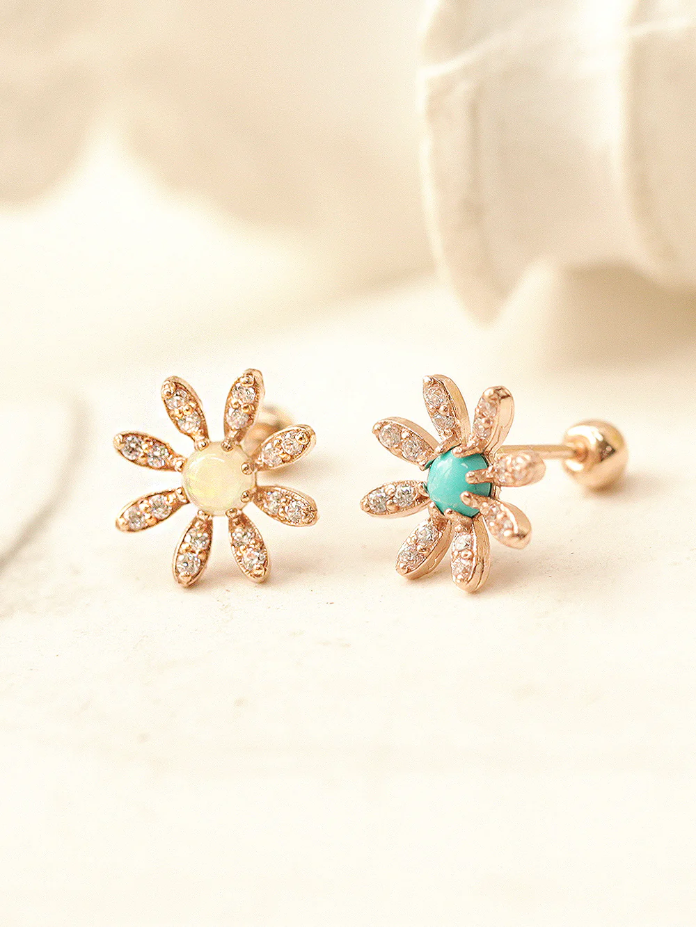 14K Gold Opal Turquoise Daisy Cartilage Earring 20G18G16G - Image 9