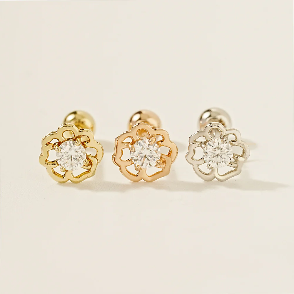 14K Gold Pansy Flower Moissanite Cartilage Earring 20G18G16G - Image 14