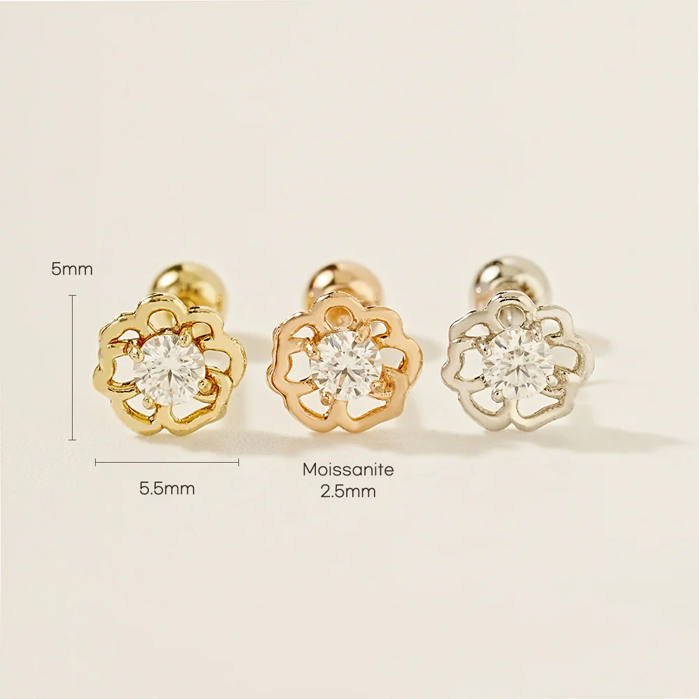14K Gold Pansy Flower Moissanite Cartilage Earring 20G18G16G - Image 17