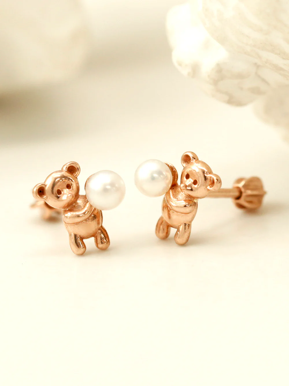 14K Gold Pearl Bear Cartilage Earring 18G16G - Image 3