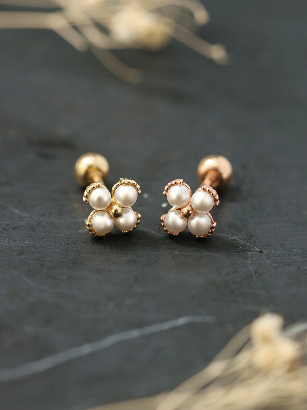 14K Gold Pearl Clover Cartilage Earring 20G - Image 8